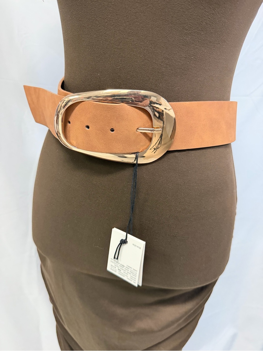 Zara NWT Wide Tan Belt Gold Oversized Buckle Boho Waist Belt